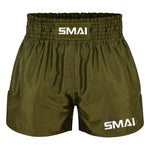 SMAI Muay Thai Shorts - Olive Green featuring an elastic waistband and white logo text on the front leg and center waist.
