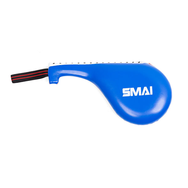 The SMAI TKD Single Kicking Paddle in blue features a black and red wrist strap and white SMAI logo, ideal for children's training drills. Photographed against a white background.