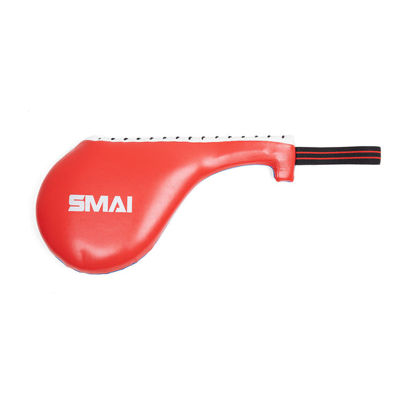 The SMAI TKD Single Kicking Paddle features a red design with a black and red wrist strap, perfect for practicing kicks and strikes during children's Taekwondo training drills.
