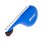 The SMAI TKD Single Kicking Paddle features a blue design with white edge, black lacing, and a black wrist strap with red stripes, ideal for children's training drills.