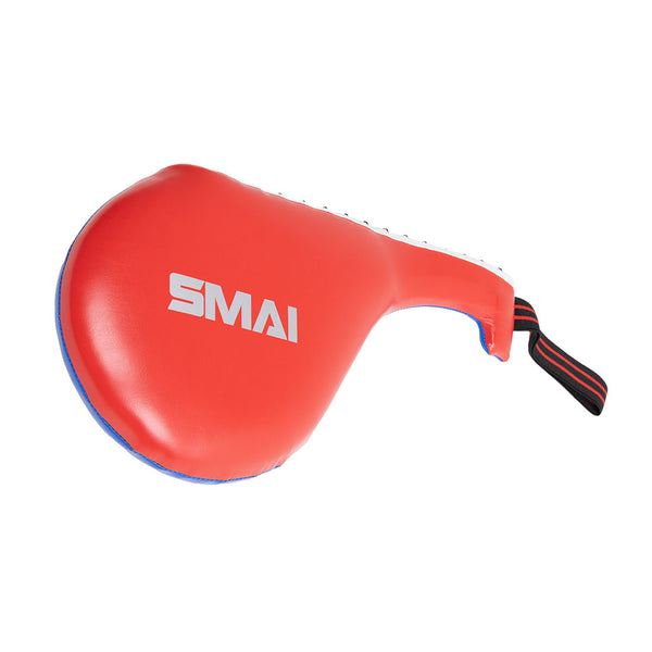 The SMAI TKD Single Kicking Paddle features a red body, blue trim, and a black and red wrist strap. The brand name "SMAI" is printed in white—ideal for children's training drills and single paddle practice.