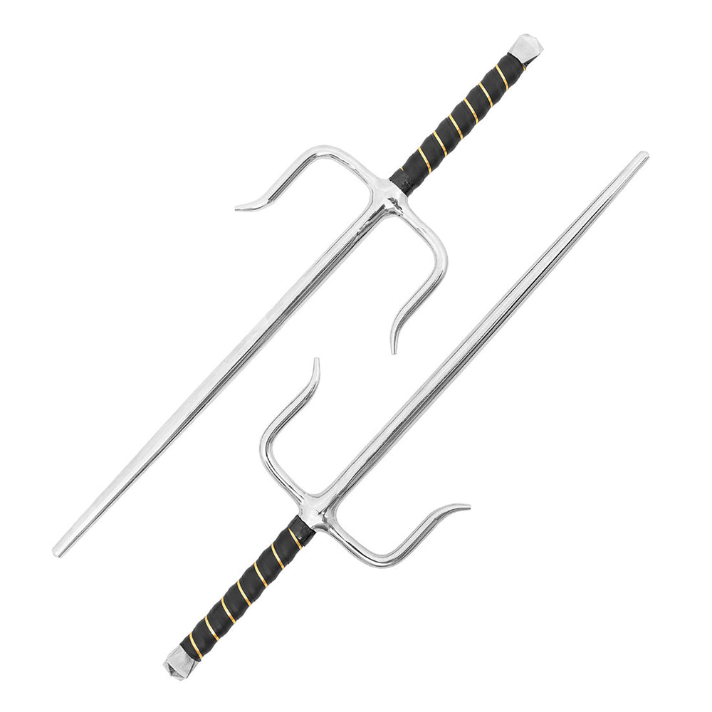 The SMAI Sai - Steel Chrome Rounded features two traditional Okinawan weapons with chrome steel blades and black, gold-accented handles—displayed side by side, one up and one down—ideal for martial arts training.