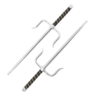 The SMAI Sai - Steel Chrome Rounded features two traditional Okinawan weapons with chrome steel blades and black, gold-accented handles—displayed side by side, one up and one down—ideal for martial arts training.