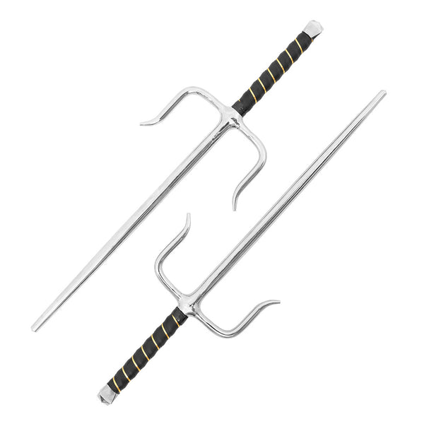 The SMAI Sai - Steel Chrome Rounded features two traditional Okinawan weapons with chrome steel blades and black, gold-accented handles—displayed side by side, one up and one down—ideal for martial arts training.