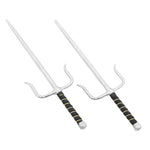 Two SMAI Sai - Steel Chrome Rounded weapons with silver blades and rounded prongs, each with a black handle accented by gold bands, are displayed side by side on a white background—ideal for martial arts training.