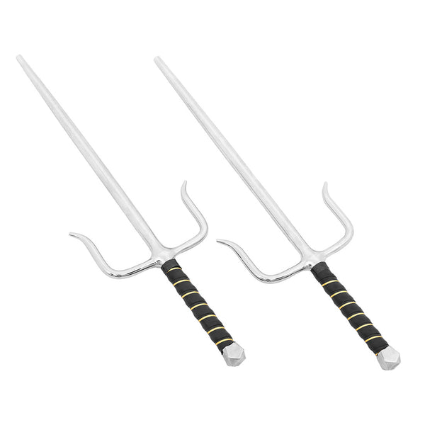 Two SMAI Sai - Steel Chrome Rounded weapons with silver blades and rounded prongs, each with a black handle accented by gold bands, are displayed side by side on a white background—ideal for martial arts training.