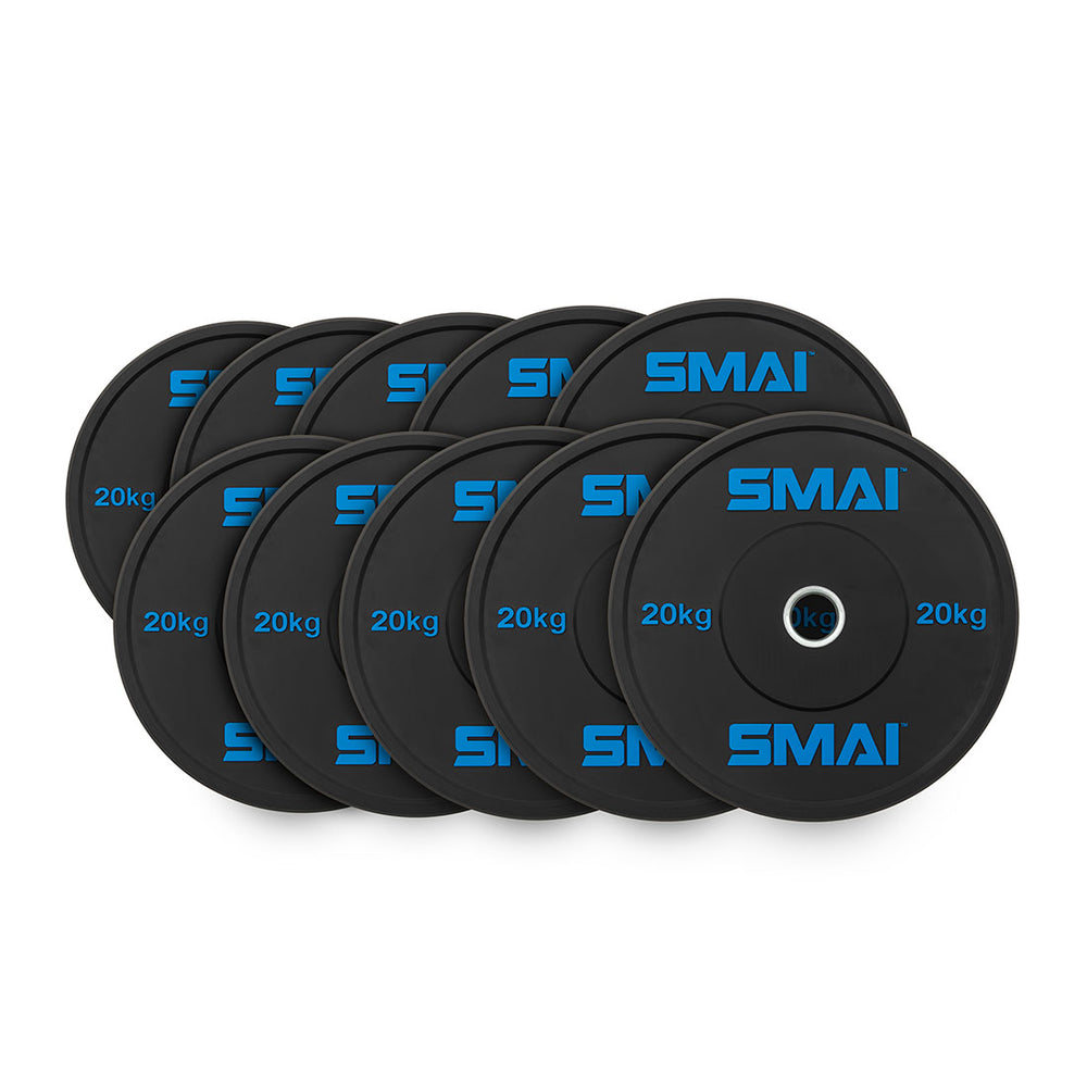 A stack of HD Bumper Plates Set by Sale Item consists of five pairs, each weighing 20kg, and featuring blue "20kg" and "SMAI" labels. Made from commercial-grade material, these black plates ensure durability for rigorous workout sessions.