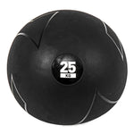 The SMAI Slam Ball, weighing 25 kg and made of durable rubber with a textured surface, is black with white markings and set against a white background.