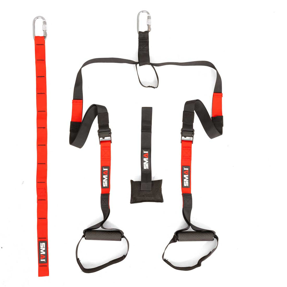 Introducing the Suspension Trainer - GTS by SMAI: a portable, gravity training system featuring durable exercise suspension straps with handles and carabiner clips. With a sleek black design accented by red sections and prominent “SMAI” branding, this fitness equipment is perfect for convenient bodyweight workout routines anywhere you go.