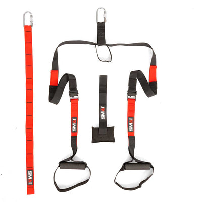 Introducing the Suspension Trainer - GTS by SMAI: a portable, gravity training system featuring durable exercise suspension straps with handles and carabiner clips. With a sleek black design accented by red sections and prominent “SMAI” branding, this fitness equipment is perfect for convenient bodyweight workout routines anywhere you go.