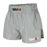 Grey SMAI Muay Thai Shorts featuring an elastic waistband and branded logos on the front.