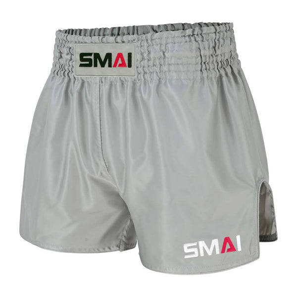 Grey SMAI Muay Thai Shorts featuring an elastic waistband and branded logos on the front.