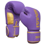The SMAI Gold Series Boxing Glove in Purple/Gold features gold accents and "SMAI" branding. Designed for optimal shock protection, these gloves include a velcro wrist strap for enhanced support.