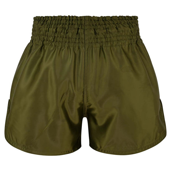 SMAI Muay Thai Shorts - Olive Green featuring a wide, gathered elastic waistband in a unisex fit.
