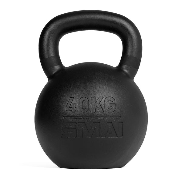 A SMAI Cast Iron Kettlebell, black powder-coated with "40 KG" and "SMAI" engraved on the front, is displayed on a plain white background.