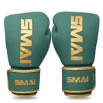 A pair of SMAI Gold Series Boxing Gloves in green and gold, featuring the brand name "SMAI" in gold lettering on the front and wrist straps, are designed for enhanced wrist support and superior shock protection, shown upright side by side against a white background.