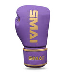 The Gold Series Boxing Glove - Purple/Gold by SMAI is shown against a white background, featuring a single purple glove with gold accents and "SMAI" printed in gold on both the top and wrist strap, designed for exceptional wrist support.