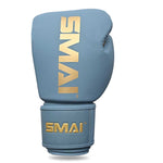 Introducing the SMAI Gold Series Boxing Glove in Light Blue/Gold, featuring the signature gold "SMAI" logo printed vertically on the main area and horizontally across the wrist strap. Designed to deliver outstanding shock protection and enhanced wrist support, these gloves are perfect for every training session.