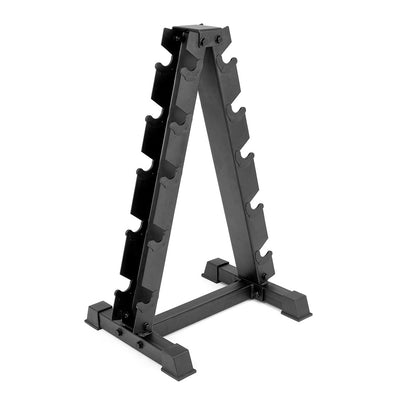 The SMAI Dumbbell Rack - 5 Tier features a black A-frame design with four slots on each side, holding pairs of rubber hex dumbbells. Its flat base and wide feet ensure stability, making it ideal for organizing your gym’s equipment.