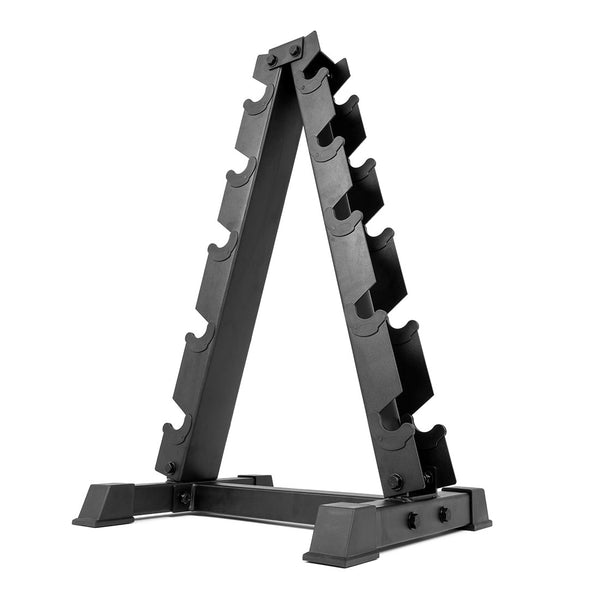 The SMAI Dumbbell Rack - 5 Tier is a black A-frame rack with six pairs of slots for rubber hex dumbbells, shown on a white background.