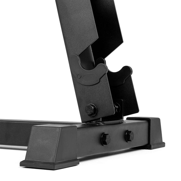 Close-up of the sturdy black metal base and adjustable support brackets on the SMAI Dumbbell Rack - 5 Tier, showing bolts and strong construction—ideal for organizing your rubber hex dumbbells.