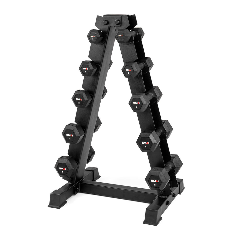 The SMAI Dumbbell Rack - 5 Tier, in black, neatly organizes multiple pairs of rubber hex dumbbells of different weights, stacked on both sides against a white background.