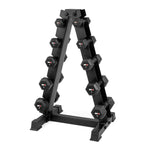 The SMAI Dumbbell Rack - 5 Tier, in black, neatly organizes multiple pairs of rubber hex dumbbells of different weights, stacked on both sides against a white background.