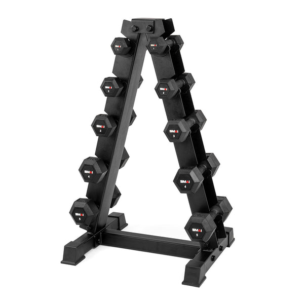The SMAI Dumbbell Rack - 5 Tier, in black, neatly organizes multiple pairs of rubber hex dumbbells of different weights, stacked on both sides against a white background.