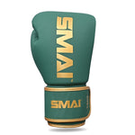 Introducing the SMAI Gold Series Boxing Glove in Green/Gold, featuring gold accents and "SMAI" displayed in gold on both the front and wrist strap. This glove is expertly designed to deliver excellent shock protection during intense training sessions.