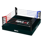 The 6m Boxing Ring - Competition by SMAI features black posts and vibrantly colored ropes, with two red and two blue on each side. The mat is dark green and prominently displays "SMAI" printed in white. It is paired with a non-slip canvas, making it ideal for both boxing ring setups and various commercial applications.