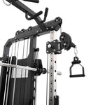 Close-up of the SMAI All in 1 Functional Trainer featuring adjustable metal bars, weight plates, pulleys, cables, and a handle—engineered for commercial-grade performance in any gym or premium home setup.