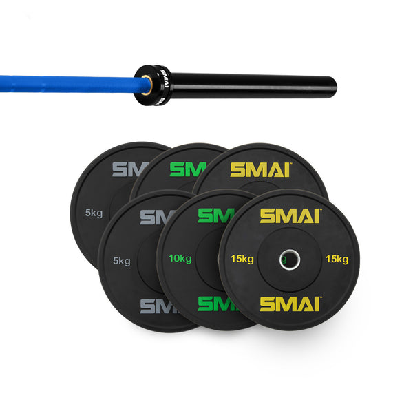 The SMAI 75kg HD Bumper Plate Set Inc 15kg Barbell includes black bumper plates (5kg, 10kg, 15kg) and a black 15kg bearing barbell with a blue grip—ideal for home gym equipment setups.
