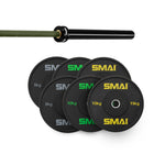 The SMAI 75kg HD Bumper Plate Set includes six black plates (5kg, 10kg, 15kg) and a green-handled 15kg barbell, adding style and function to your home gym.