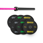 The SMAI 75kg HD Bumper Plate Set includes black plates (5kg, 10kg, 15kg) and a 15kg barbell with a pink grip, perfect for your home gym. All items are arranged on a white background.