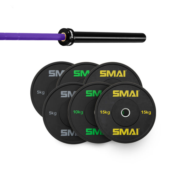 The SMAI 75kg HD Bumper Plate Set includes black 5kg, 10kg, and 15kg plates plus a 15kg bearing barbell with purple grip—ideal for your home gym setup.