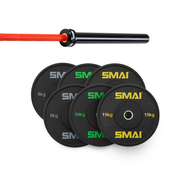 The SMAI 75kg HD Bumper Plate Set includes black 5kg, 10kg, and 15kg plates and a barbell with red grip—ideal for upgrading your home gym.