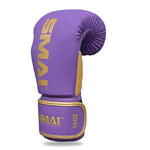 A SMAI Gold Series Boxing Glove in purple and gold, featuring enhanced wrist support and "14OZ" printed on it, is displayed upright against a white background.