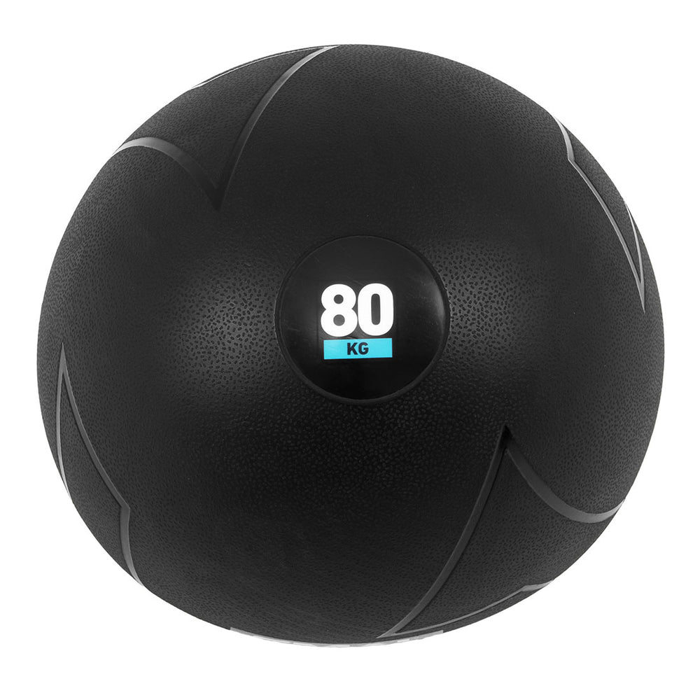 The SMAI Slam Ball Monster - 80kg is a black weighted exercise ball with a textured surface, gray curved lines, and a central circular label showing "80 KG" in white, resembling a Strongman Atlas Stone.