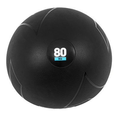 The SMAI Slam Ball Monster - 80kg is a black weighted exercise ball with a textured surface, gray curved lines, and a central circular label showing "80 KG" in white, resembling a Strongman Atlas Stone.