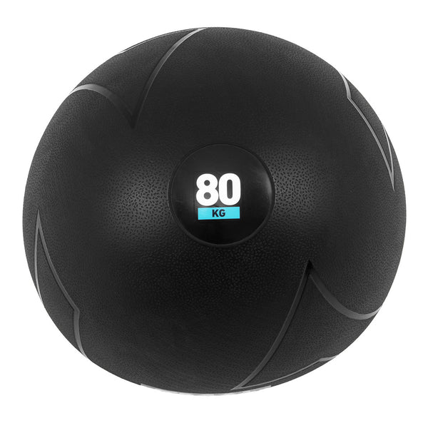 The SMAI Slam Ball Monster - 80kg is a black weighted exercise ball with a textured surface, gray curved lines, and a central circular label showing "80 KG" in white, resembling a Strongman Atlas Stone.