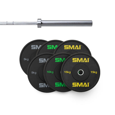 A barbell equipped with a 75kg set of HD bumper plates is displayed below, perfect for CrossFit enthusiasts. These plates are branded "Sale Item" and include weights in increments of 5kg, 10kg, and 15kg, making them ideal for Olympic lifting routines.