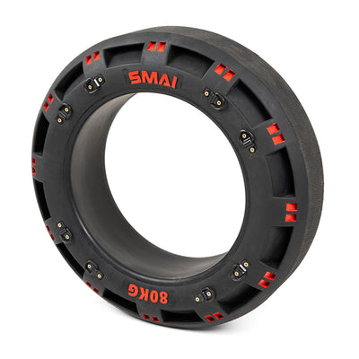The SMAI 80kg Strongman Functional Tyre, in black with red "80KG" lettering, includes chain handles and red accents with evenly spaced metal fixtures. The tyre stands upright on a white background, ready for your next boot camp challenge.