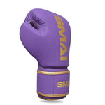 The SMAI Gold Series Boxing Glove in Purple/Gold—featuring the brand’s name printed on the back—stands upright against a white background. Designed for exceptional wrist support, this single glove displays stylish gold accents on its vibrant purple exterior.