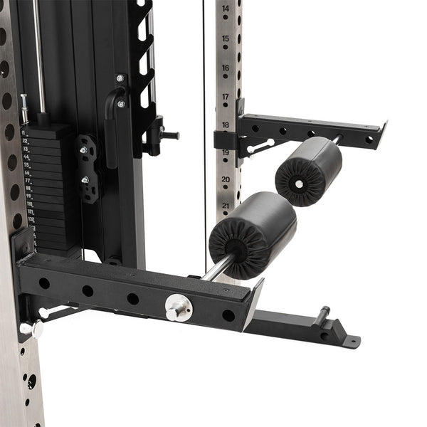 Close-up of the SMAI All in 1 Functional Trainer leg attachment, featuring two padded rollers, adjustable height, and a weight stack—perfect for leg exercises and strength training in any home gym.