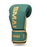 A Gold Series Boxing Glove in green and gold by SMAI, featuring "SMAI" and "12 OZ" printed on it, is shown upright against a white background. Designed for superior wrist support, these gloves ensure enhanced comfort and stability throughout your training sessions.