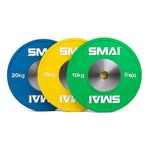 The Competition Bumper Plate Set with Barbell - 90kg by SMAI features three plates in blue (20kg), yellow (15kg), and green (10kg). Each plate displays the "SMAI" branding and is artfully arranged to overlap, making them ideal for elite bearing barbells to elevate your Olympic weightlifting routine.