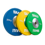 Three weight plates from the "SMAI Competition Bumper Plate Set with Barbell - 90kg" are displayed standing upright in a row. From left to right, they are colored blue (20 kg), yellow (15 kg), and green (10 kg). These plates provide an ideal solution for Olympic weightlifting enthusiasts looking for top performance.