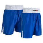 Two pairs of SMAI Boxing Competition Shorts - Blue with white elastic waistbands and side slits are displayed side by side. The "SMAI" brand logo appears on the waistband, making them ideal for competitive boxing.