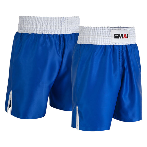 Two pairs of SMAI Boxing Competition Shorts - Blue with white elastic waistbands and side slits are displayed side by side. The "SMAI" brand logo appears on the waistband, making them ideal for competitive boxing.