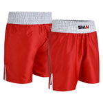 Two pairs of SMAI Boxing Competition Shorts in red, made from shiny satin polyester with a wide white elastic waistband, white trim, and an "SMAI" logo on the front.